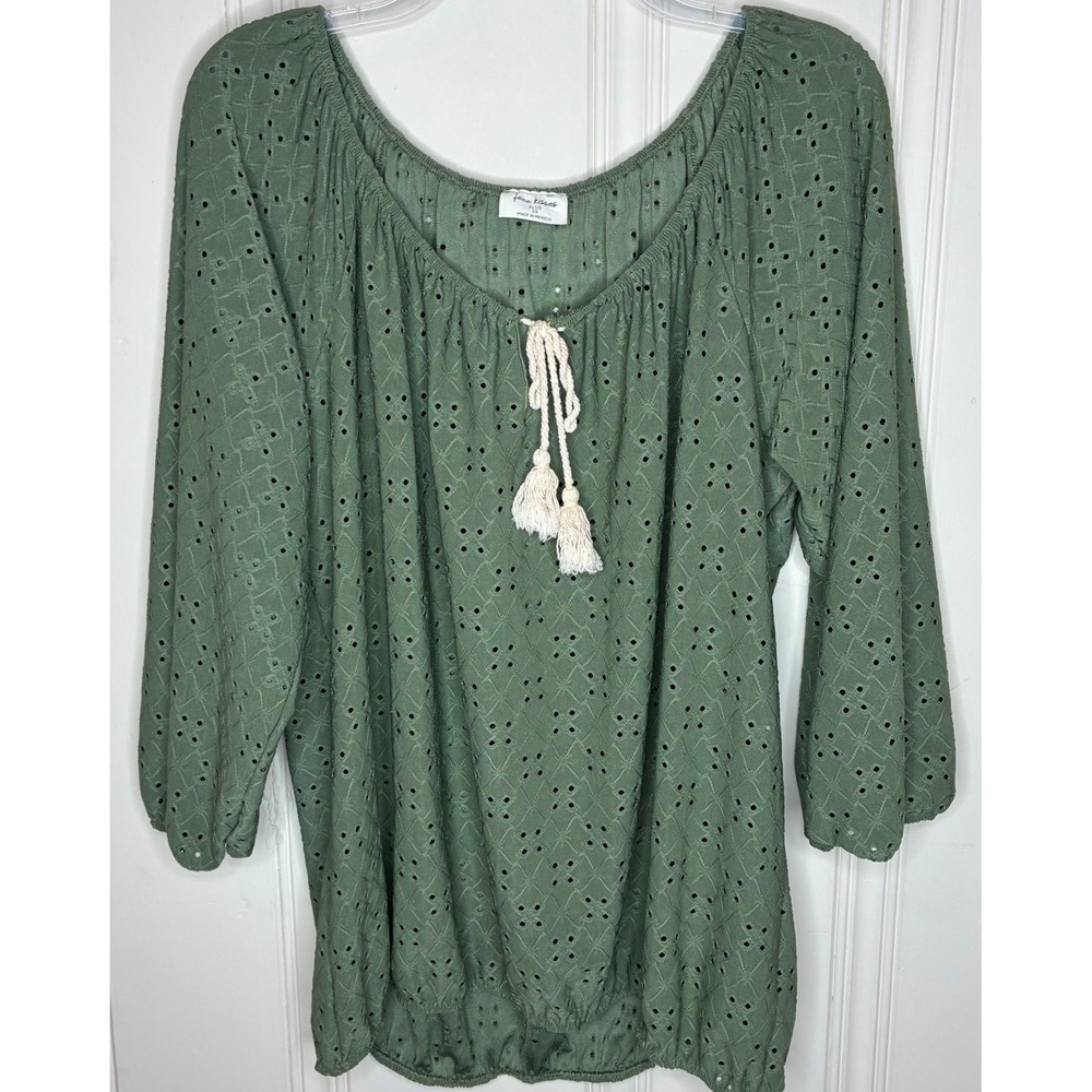 Free Kisses Plus Olive Green Eyelet Tassel Peasant Blouse 2X Boho Top Stretchy